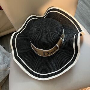 Dior Black Straw Floppy Sun Hat with Beige Logo Band and White Trim